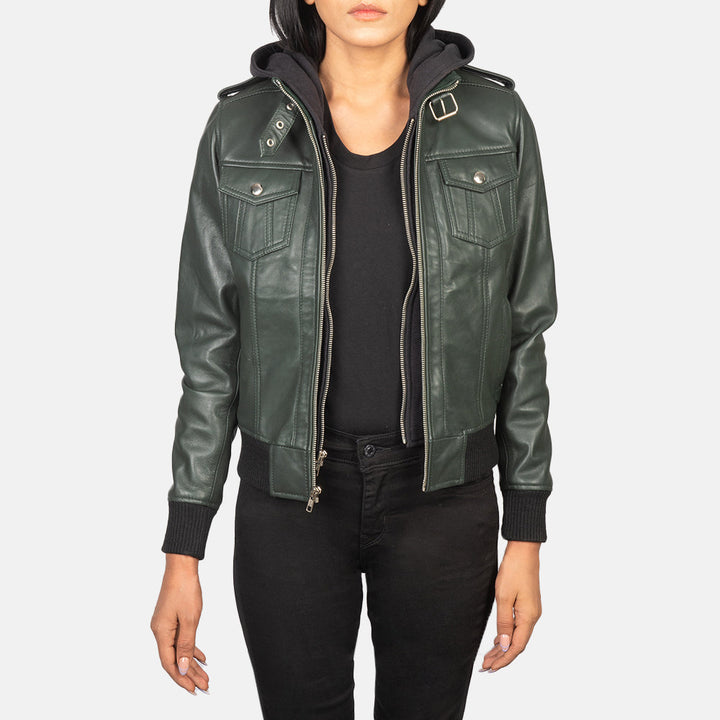 Green Hooded leather jacket