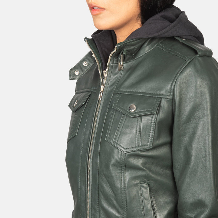 Green hooded leather jacket