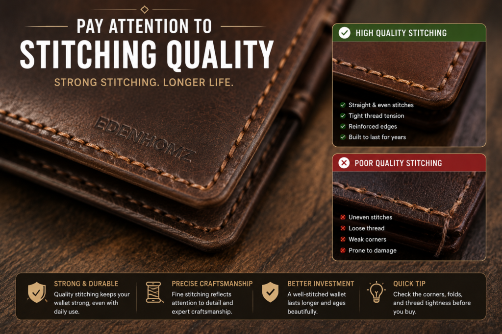 Close-up of premium handmade leather wallet stitching