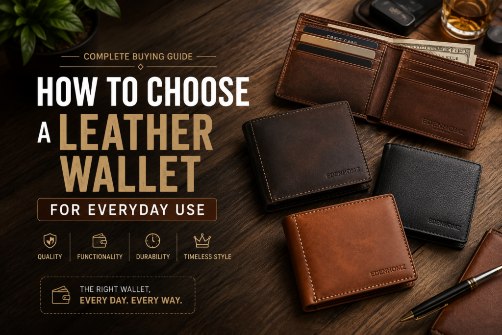 Handmade leather wallets for men displayed on a wooden table