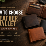 Handmade leather wallets for men displayed on a wooden table